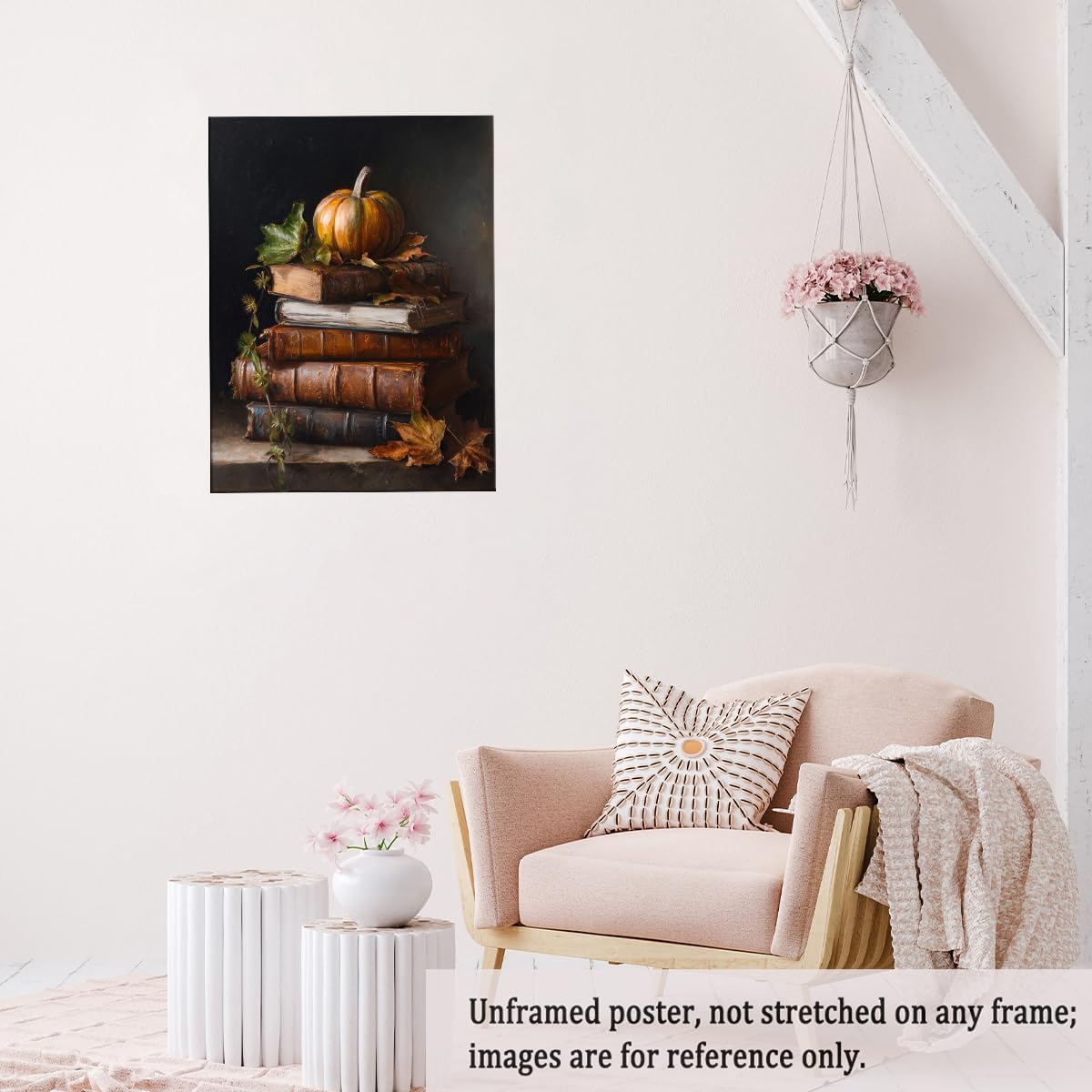Vintage Pumpkin Still Life Wall Art – Antique Books with Fall Leaves Canvas Print,Dark Academia Autumn Aesthetic Poster for Reading Nook Decor 12x16in Unframed