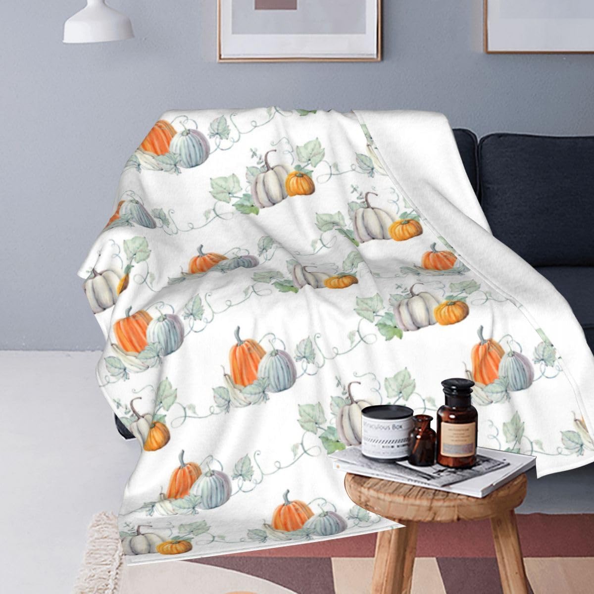 Fall Pumpkin Throw Blanket, Watercolor Blue and Orange Pumpkin Pattern, Warm Soft Cozy Flannel Bed Blankets, Modern Farmhouse Decor for Bed, Couch, Sofa and Chair, 60 x 80 inches