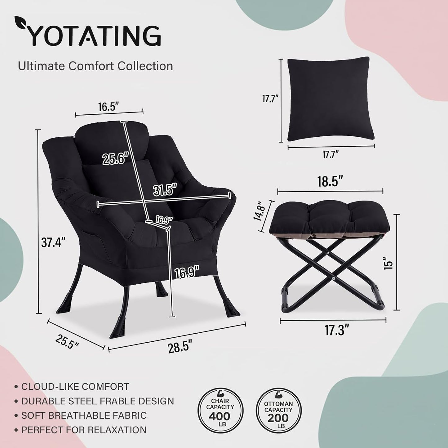 Lazy Chair with Ottoman, Modern Accent Leisure Sofa Chair with Footrest Stool & Throw Pillow, Modern Lounge Chair with Armrests for Living Room, Black