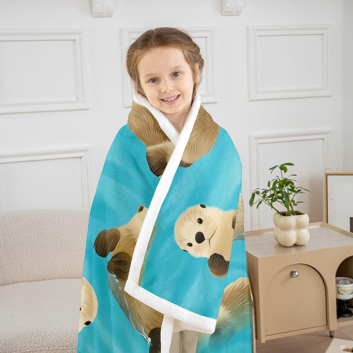 Feelyou Kids Fleece Blanket Cute Cartoon Otter Plush Blanket for Sofa Bed Couch Kawaii Zoo Animal Sherpa Throw Blanket Wildlife Otters Fuzzy Blanket Room Decor Throw 50"x60"