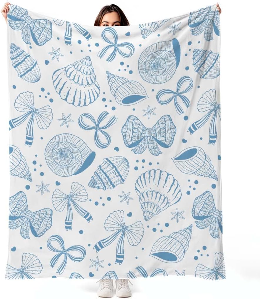 MASLEK Coastal Shell Blanket Soft Cozy Flannel Throw Blue Bow Nautical Theme Soft Cozy Flannel Fleece Blankets for Sofa Couch Bed Room Birthday Decor, 50 x 60 Inch