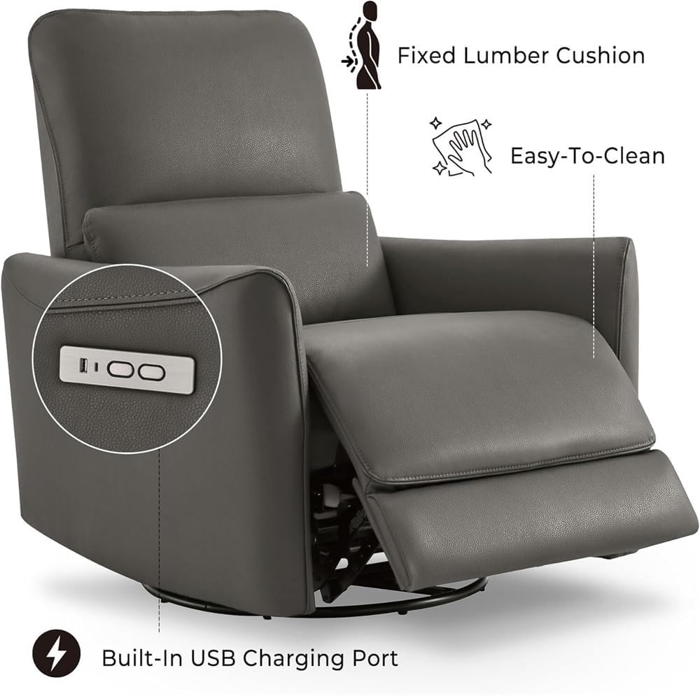Swivel Glider Power Recliner with USB & Type-C Ports – Breathable Leather Modern Electric Chair, Lumbar Support for Living Room, Home Theater