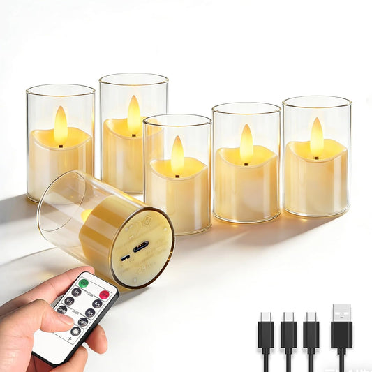 Rechargeable Small Tea Light Candles, Acrylic Votive Flameless Candles 1.7" x2.5"with Remote Control and Timer, Flickering Warm LED Light, Safe for Home, Parties, and Holidays (Set of 6, White)