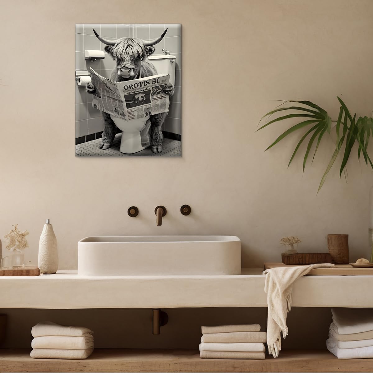 QPVXSST Funny Bathroom Wall Art Highland Cow Reading Newspaper Toilet Humor Poster Picture Artwork Print Bathroom Wall Decor 8X10 Inches