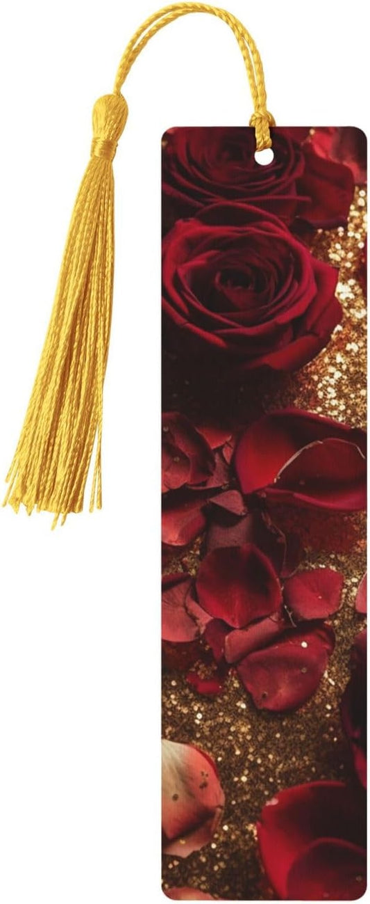 Rose Sparkling Bookmarks Gifts for Women Men, Wooden Bookmarks for Book Lovers, Vintage Book Marks Ornaments with Tassel, Unique Personalized Reading Page Markers Gold