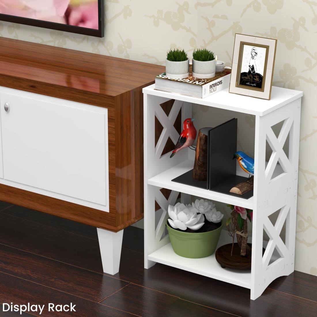 LUCKNOCK Narrow Side Table with Storage, 3-Tier Slim Nightstand for Small Spaces, White Modern End Table, Bedside Table, Bookshelf for Living Room, Bedroom, Bathroom and Office.
