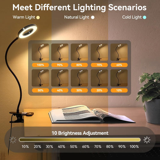 Skymore Desk Clip on Light, [3 Color Modes & 10 Brightness] LED Reading Light with Clamp, Flexible Gooseneck Book Light for Kids Reading Book in Bed, Headboard-Black
