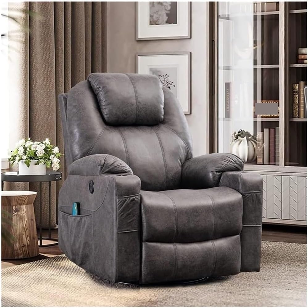 Cozy Home Theater Recliner with Heat & Swivel – Rocker Glider Chair with Cup Holders, Side Pockets, and Easy-Recline for Living Room, Media Room, Nursery