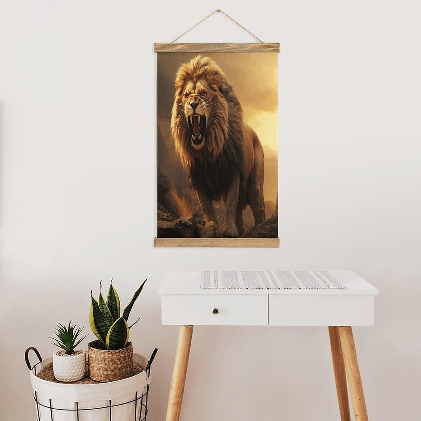 Vintage Angry Roaring Lion Poster with Wooden Frame Personalized Linen Hanging Scroll Painting Rustic Wall Hanging Illustrative Modern Artwork Decor for Home Living Room Bedroom Office