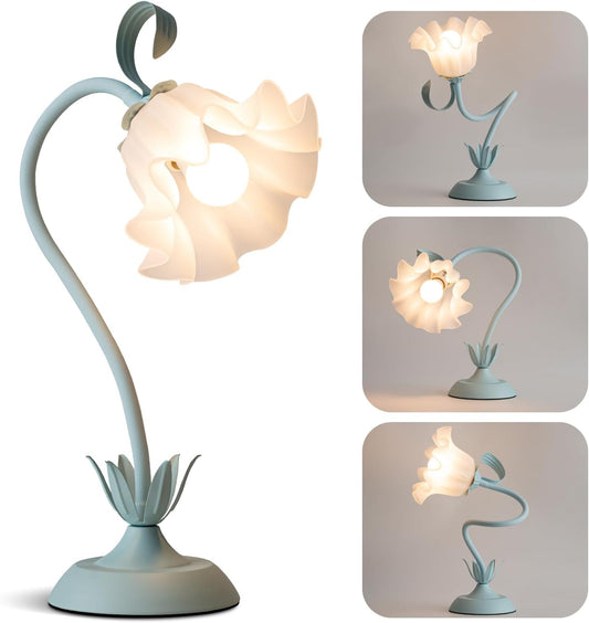 Flower Table Lamp, LED Reading Light Vintage Bedside Table Lamp with 3 Color Modes for Nightstand, Kawaii Decoration for Home Bedroom Living Room (Blue)