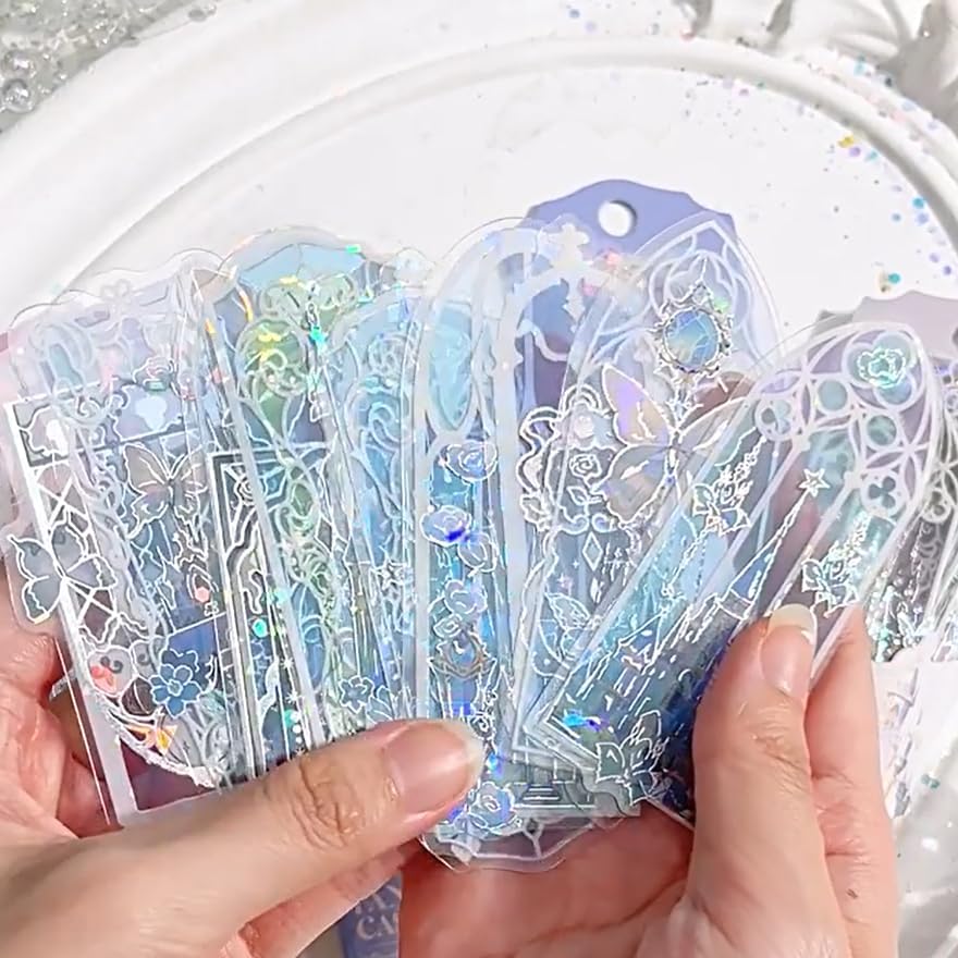 40Pcs Holographic Bookmark, Transparent Waterproof Flashing Castle Butterfly Flower Bookmarks, Rose Floral Window Bookmark Book Markers for Book Lover Kids Teacher Student Birthday Gift (Holo)
