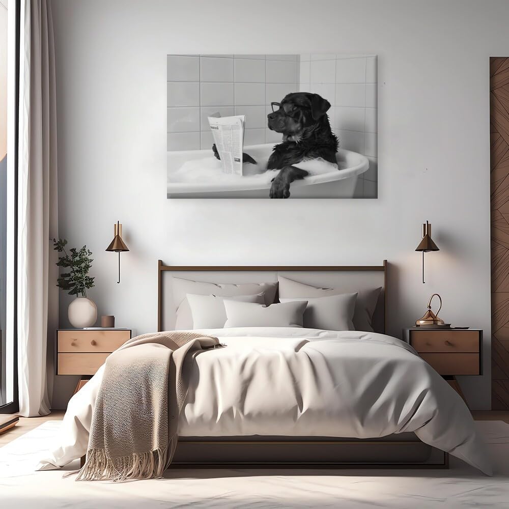 Funny Wall Art Bathroom Wall Decor Rottweiler Dog Reading Newspaper in Bubble Bath Black and White Print Canvas Wall Prints poster Retro Home Office School Library Decor Framed8x12inch