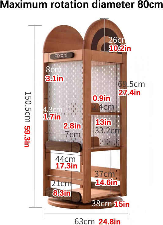 Rotating Bookshelf, Corner Shelf, Corner Bookshelf with Pegboard, Made of Solid Wood, Suitable for Children's Rooms, Study Rooms, Bedrooms, and Bookcases