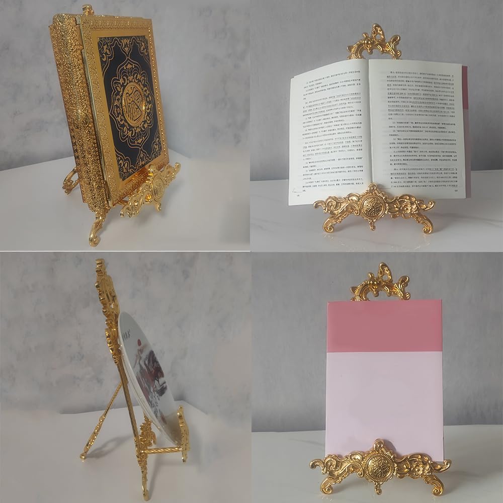 Vintage Cookbook Stand, Easel Stand, Metal Book Holder, Plaque Stand, Plate Holder Display Stand, Picture Frame Stand, Home Decor, for Reading Prayer Chapel, Golden