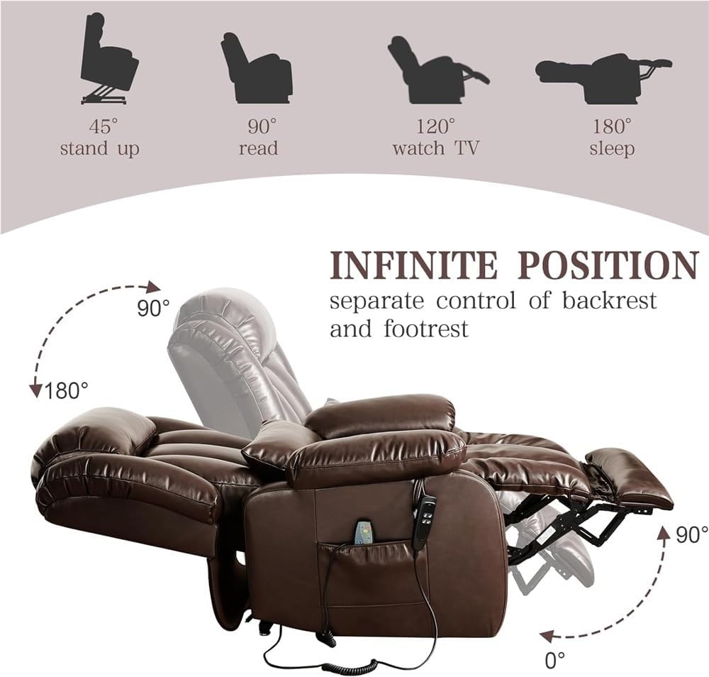Leather Power Lift Recliner Chair for Elderly, Dual Motor Infinite Position Lay Flat Recliner with Massage & Heat, Extended Footrest, Remote Control, Lumbar Support