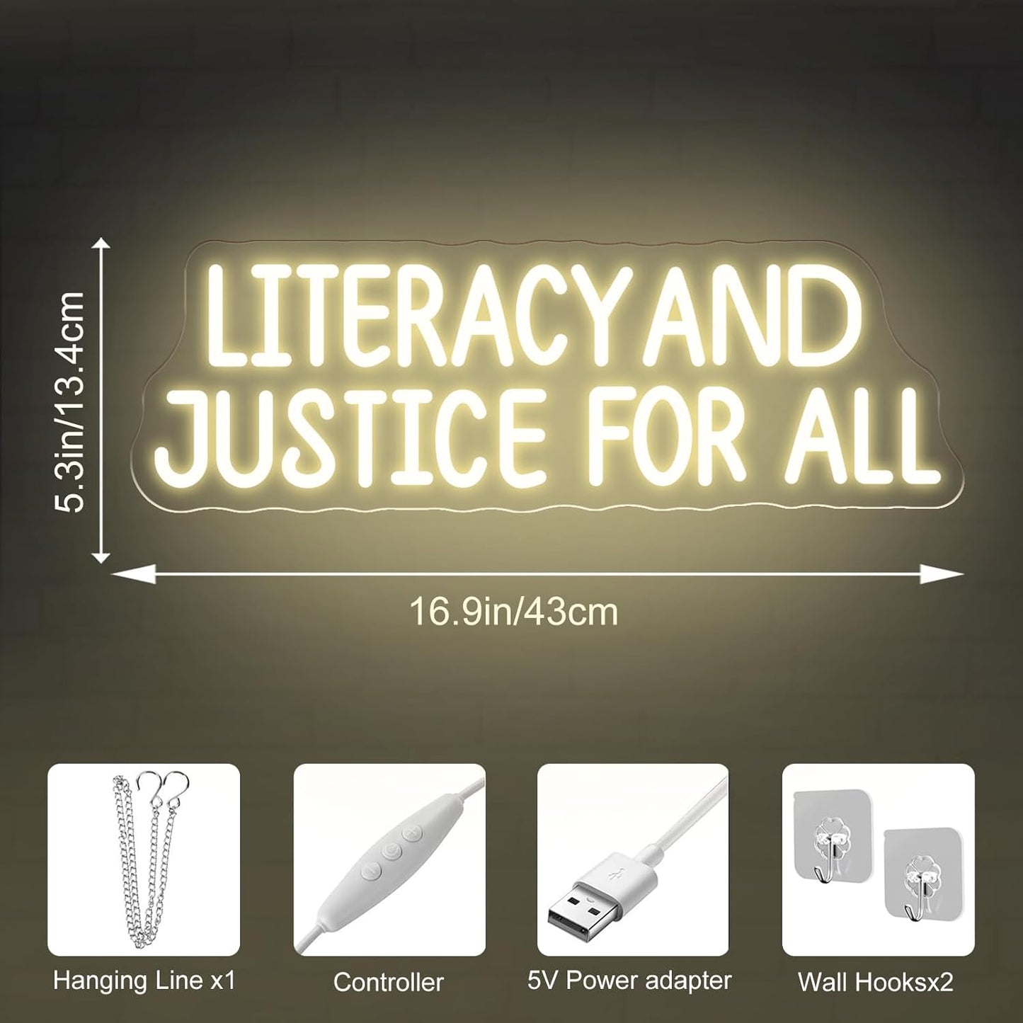 Literacy and Justice For All Neon Sign – Book Lover LED Wall Light, Reading Corner Decor, Bookshelf Display Light, Library Wall Hanging Sign, Inspirational Teacher or Student Gift 17〞× 5.3〞