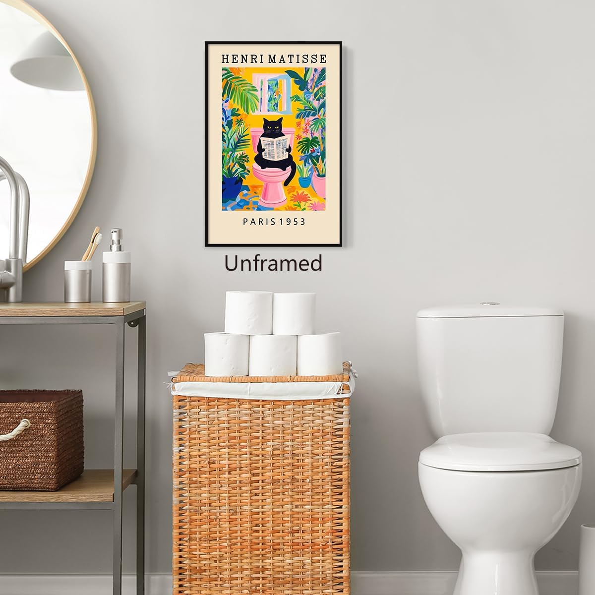 XMJJQQ Cat Canvas Wall Art, Black Cat on Toilet Reading Newspaper Bathroom Poster, Pink Dopamine Henri Matisse Inspired Mid Century Print, Green Tropical Botanical Restroom Picture 8x12in Unframed