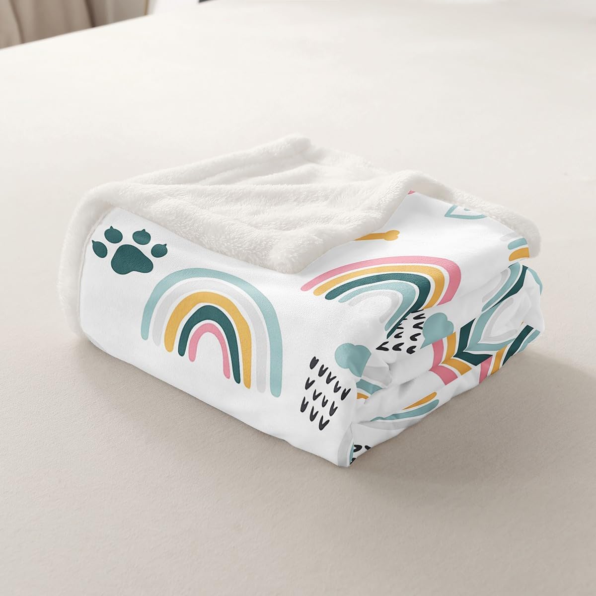Girls Rainbow Throw Blanket,Cartoon Dog Paw Print Cloud Bones Pattern Blankets for Kids Boys Teens Room Decor,Lovely Pet Animal Theme Fleece Blanket Pink Blue White Sherpa Blanket