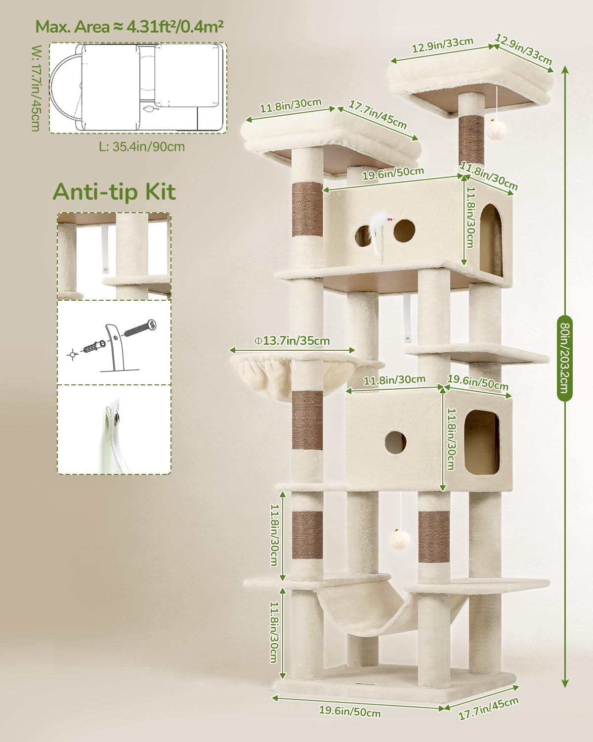 Globlazer Heavy Duty Cat Tree Tower 80in Tall Extra Large Cat Tree Tower for Multiple Indoor Cats Large Adult with Scratching Posts, 2 Spacious Condos, Padded Perches, Soft Hammock, S80B, Beige
