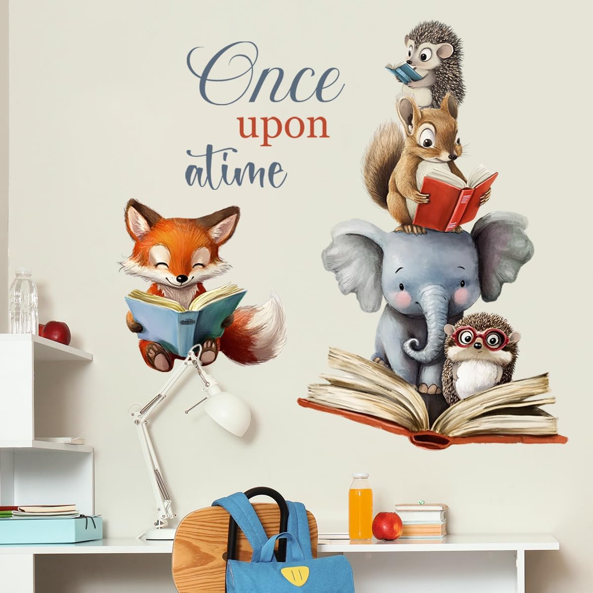 Once Upon a Time Wall Decal, Woodland Animals Reading Books Wall Stickers for Nursery Classroom Kids Bedroom Preschool Wall Decor, 31.10x27.95 inch, 2 Sheets