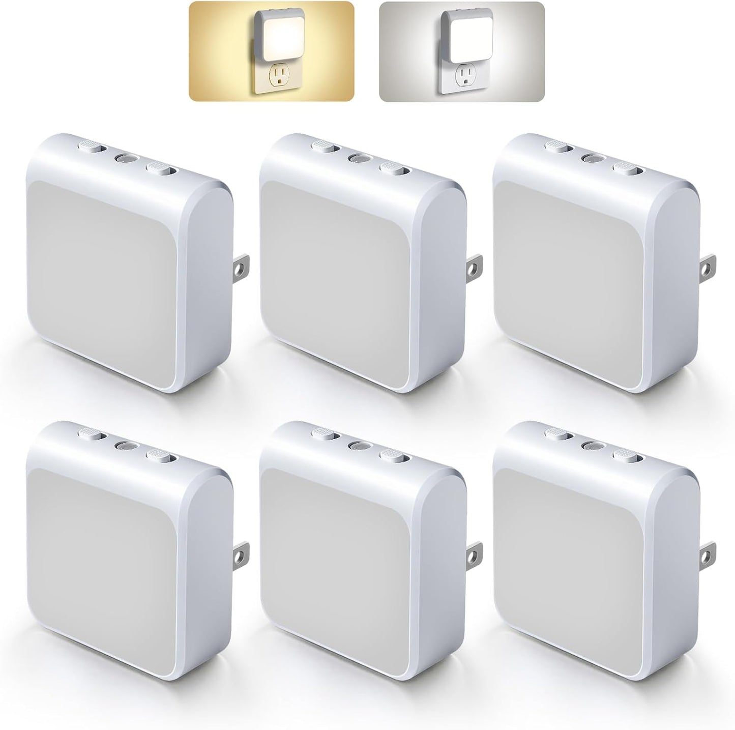 6-Pack Dimmable LED Night Lights Plug into Wall with Dusk to Dawn Sensor, 2 Color in 1 Plug in Night Light 30-60lm Brightness Adjustable, Auto-On/Off Nightlight for Bedroom, Kitchen, Bathroom, Hallway
