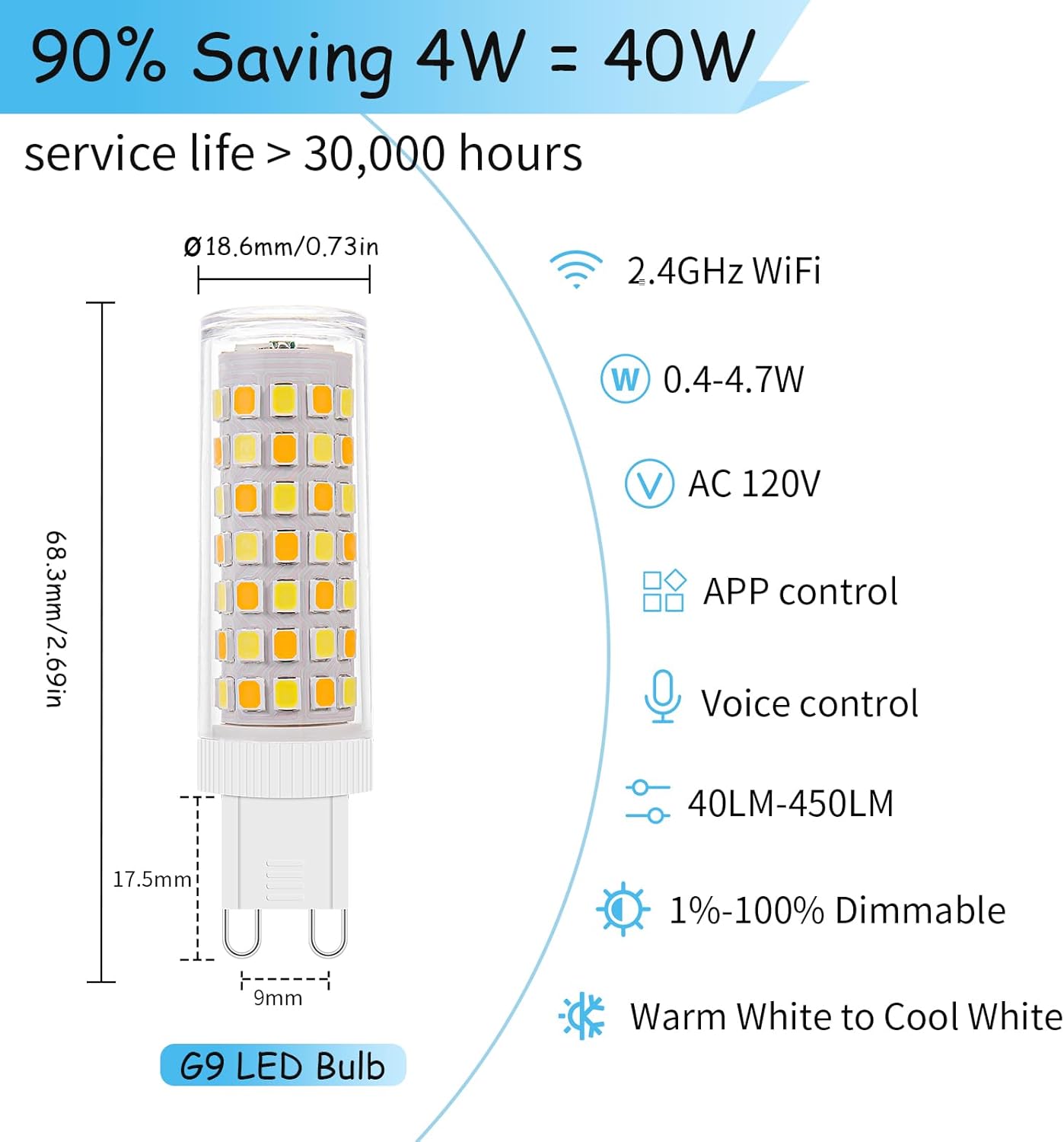 2Pack Dimmable Wi-Fi Smart LED Bulbs with G9 Base,Compatible with Amazon Alexa and Google Assistant-Warm to Cool White(2700K-6000K),Adjustable Brightness From 1%-100% (120V,0.4-4.7W,40LM-450LM）