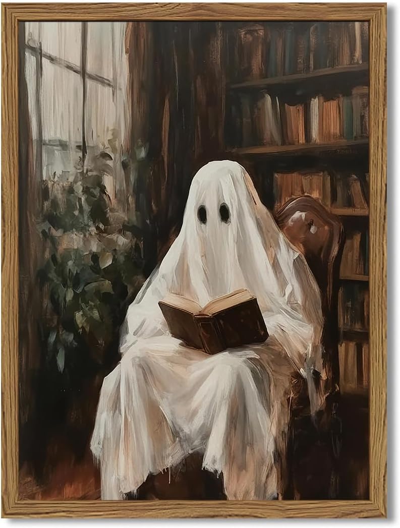 Framed Halloween Ghost Reading Book Canvas Wall Art, Vintage Dark Academia Horror Ghost Pictures Wall Decor Paintings, Gothic Moody Spooky Library Prints for Living Room Bedroom Office Dorm 12x16 inch