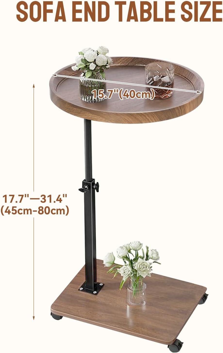 Adjustable C Shaped Side Table, C Table End Table with Wheels for Sofa, 360° Swivel Sofa Table for Livingroom,Bedroom,Study and Small Spaces,Bedside Table (Round,Walnut Wood)