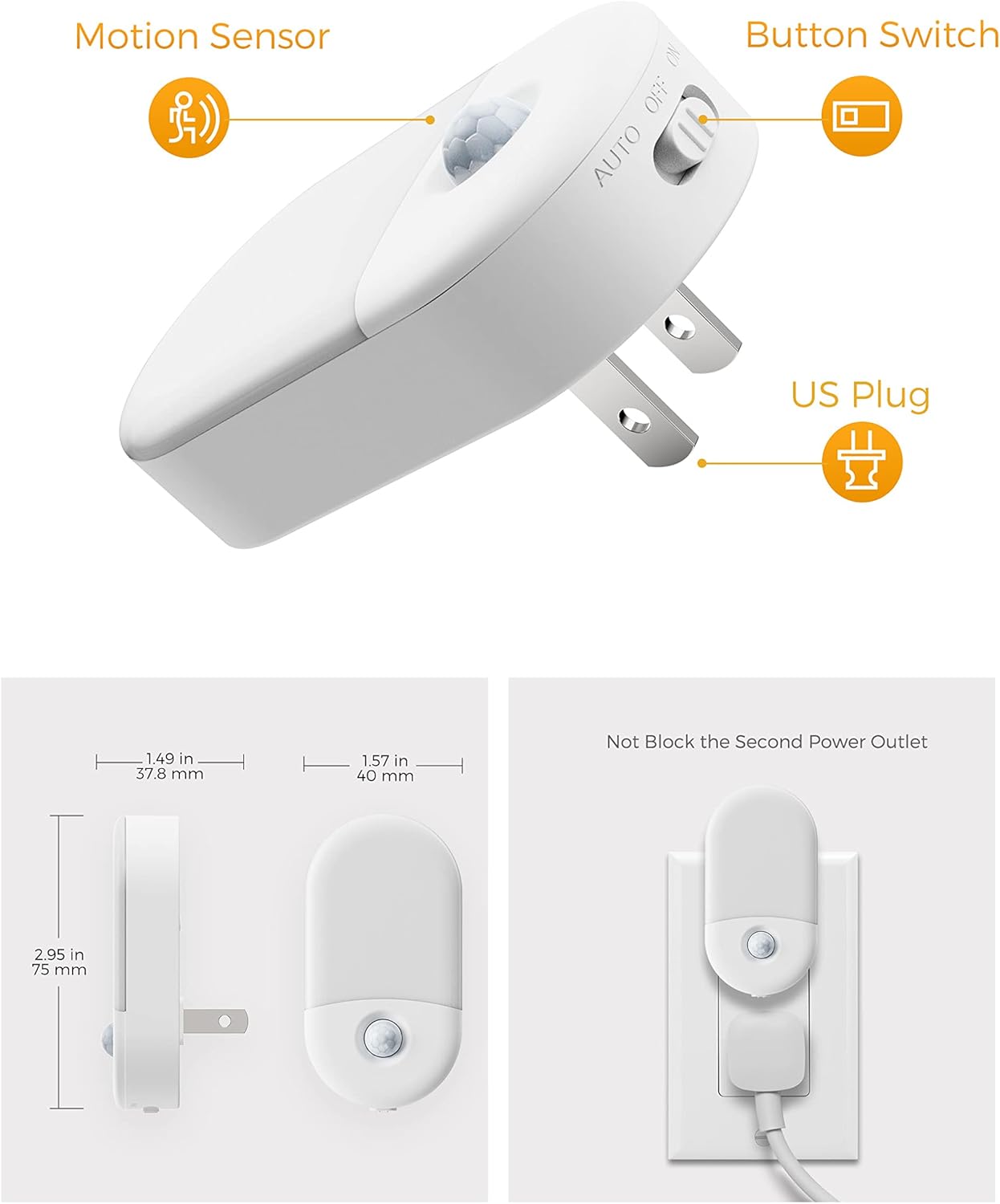 L LOHAS LED Amber Night Light, 2 Pack, Night Lights Plug into Wall Motion Sensor, 0.6W 2000K, LED Nightlights, 30/60LM Adjustable Brightness, Automatic Low Blue Nightlight for Kids, Bathroom, Hallway