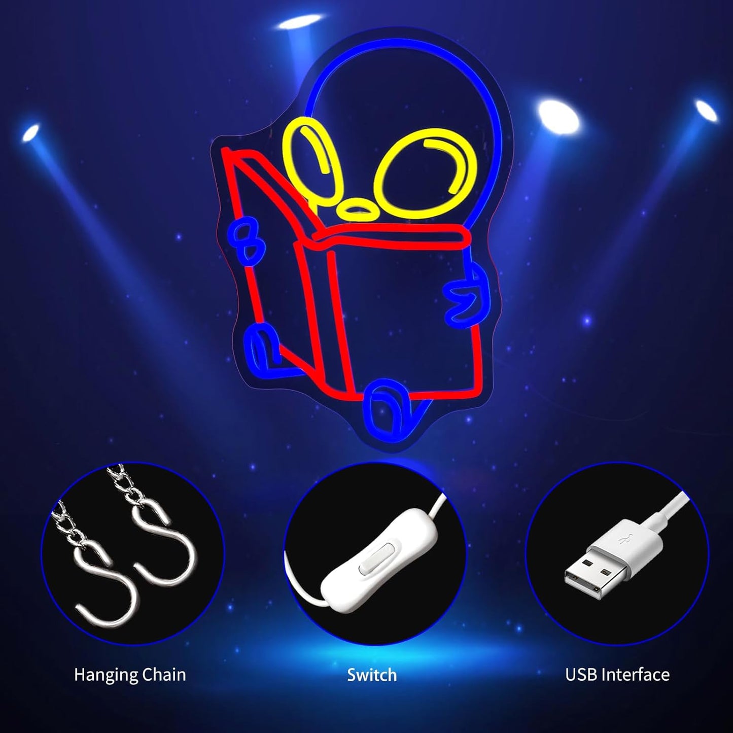 Alien Reading Book Neon Sign, Neon Signs for Wall Decor Neon LED Signs Room Neon Light Up Signs Home Decor