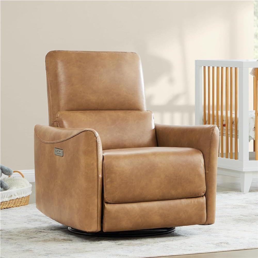 Power Recliner Chair for Living Room, Electric Leather Swivel Rocker with Lumbar Support and USB Charging Port, Ergonomic Oversized Single Sofa for Adults