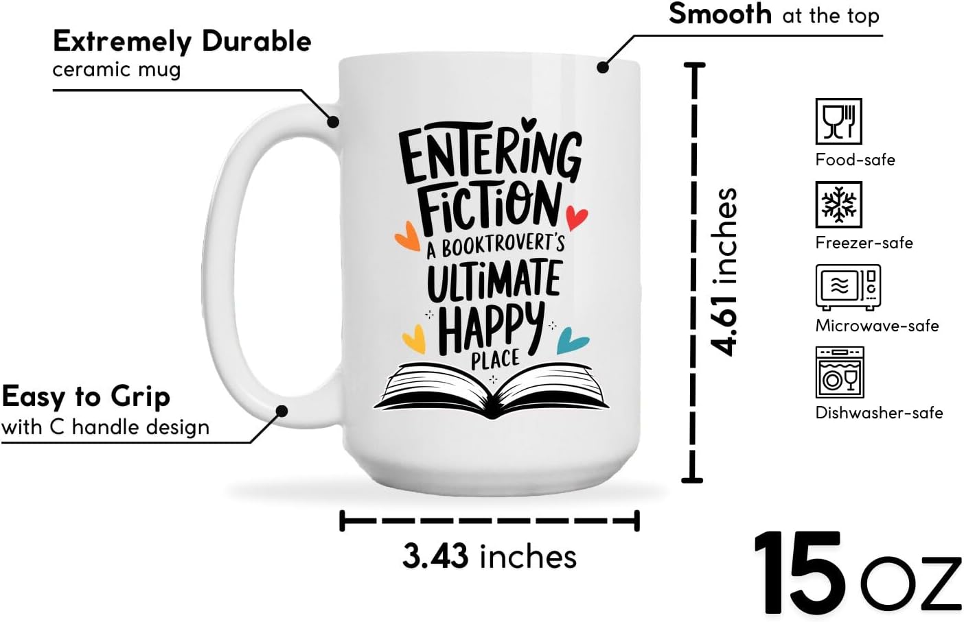 Book Lovers Coffee Mug 15oz White -Fiction Place - Gift for Book Club Bookworm Bookish Reading Nerdy Avid Readers Women