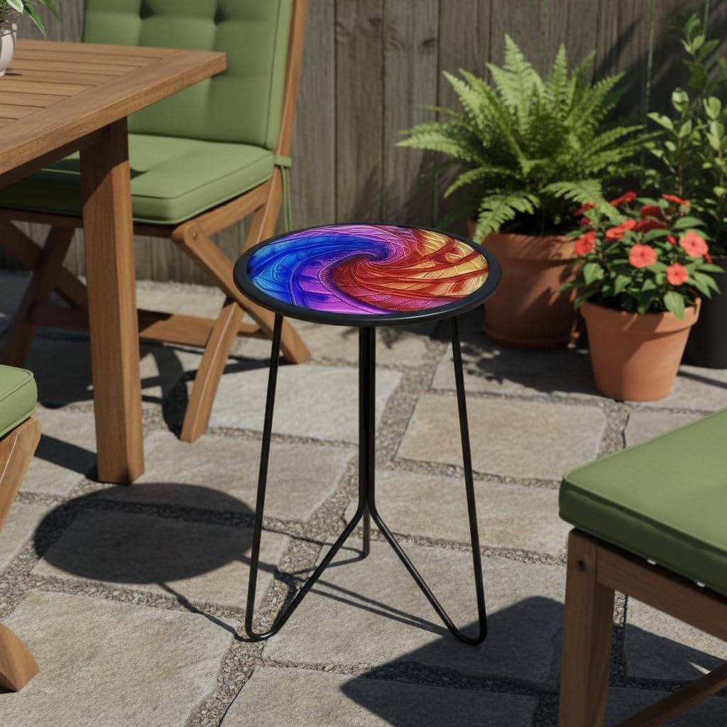 LIFFY Patio Side Tables,12" Metal Outdoor Side Table with Colorful Glass Tabletop,Small Round Decorative Metal End Table & Plant Tables for Home Garden Yard Balcony