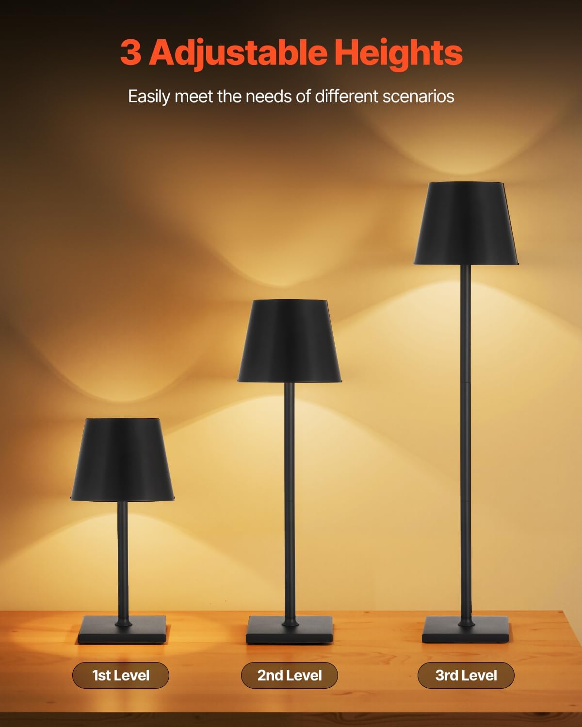 VEVOR Cordless Table Lamp, 2-Pack, 5200mAh Built-in Rechargeable Battery Desk Lamp, Stepless Dimming Up, 3 Adjustable Heights, Detachable Lampshade for Bottle, Restaurant, Bedroom, Outdoor, Black