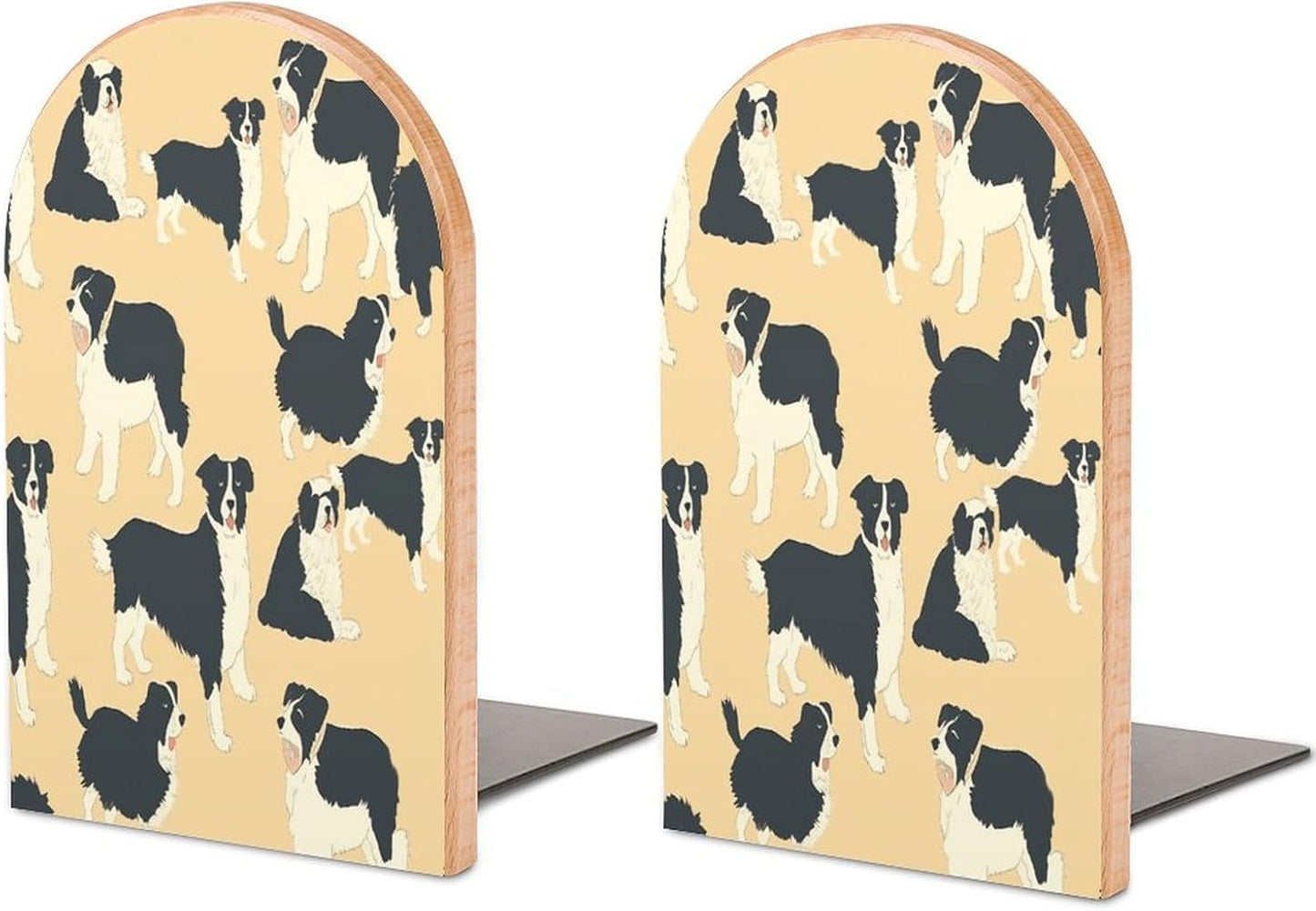 Border Collie Pattern Bookends 1 Pair Heavy Duty Book Ends for Shelves Non-Skid Bookend Supports Wooden Book Holders with Metal Base Desk Organizers Books Storage to Hold Books