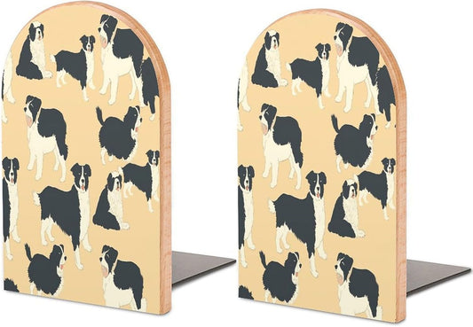 Border Collie Pattern Bookends 1 Pair Heavy Duty Book Ends for Shelves Non-Skid Bookend Supports Wooden Book Holders with Metal Base Desk Organizers Books Storage to Hold Books