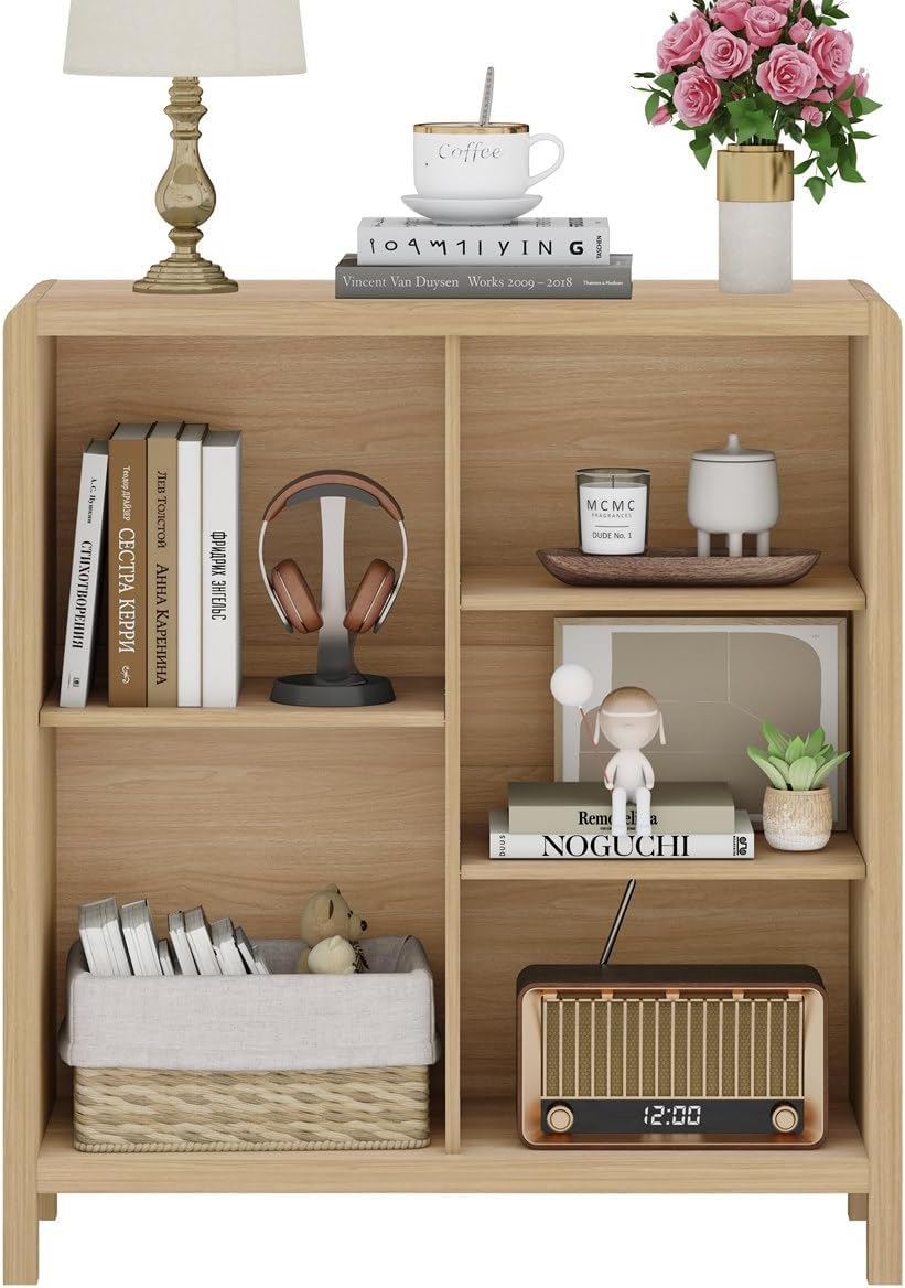 FATORRI 5 Cube Bookshelf, Wood Bookcase with 3 Adjustable Shelves, Modern Cube Storage Organizer Shelf for Home Office (Light Walnut)