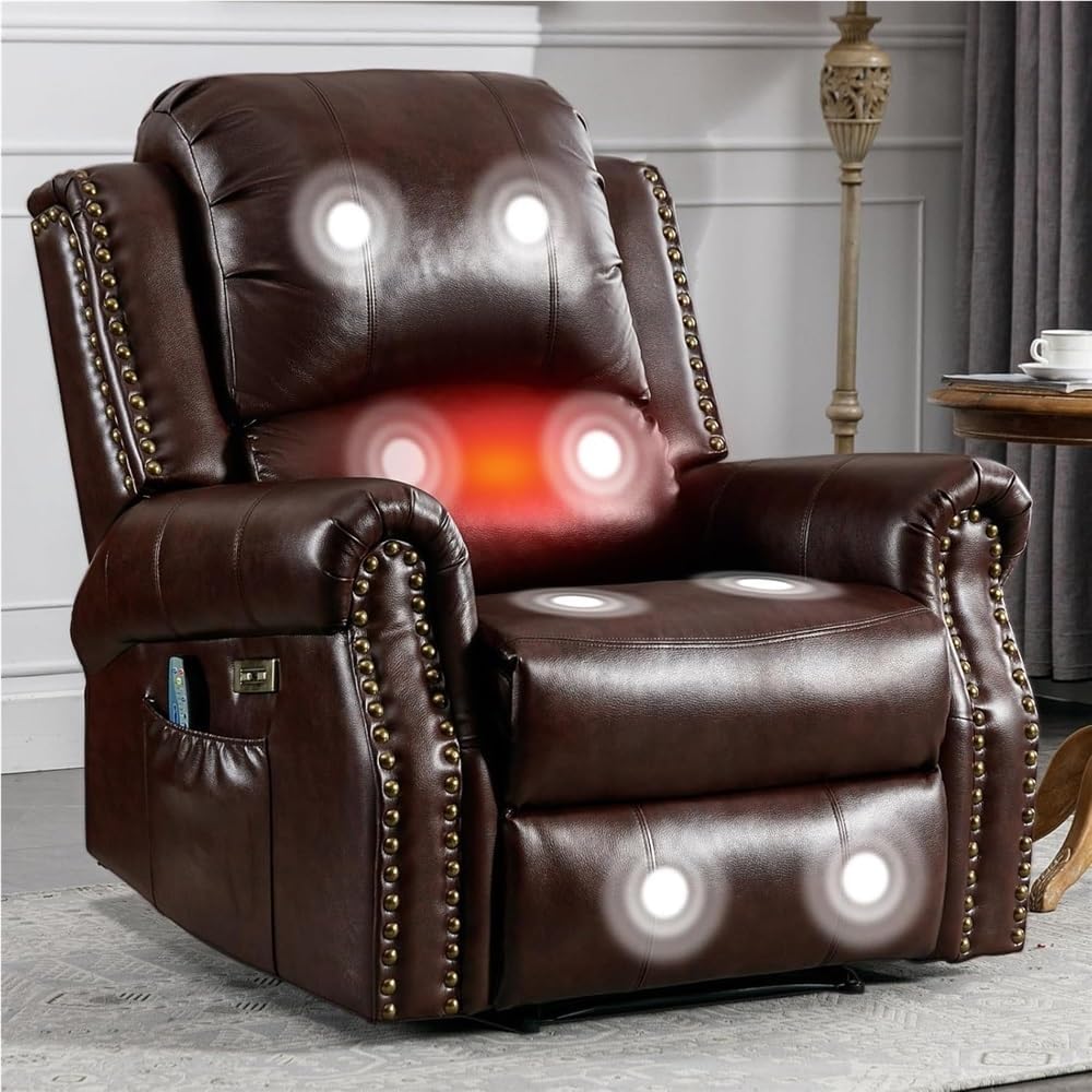 Power Lift Recliner Chair with Massage and Heat Electric Recliner Sofa with USB Ports Overstuffed Comfort Faux Leather Upholstery Caramel Brown Living Room Furniture