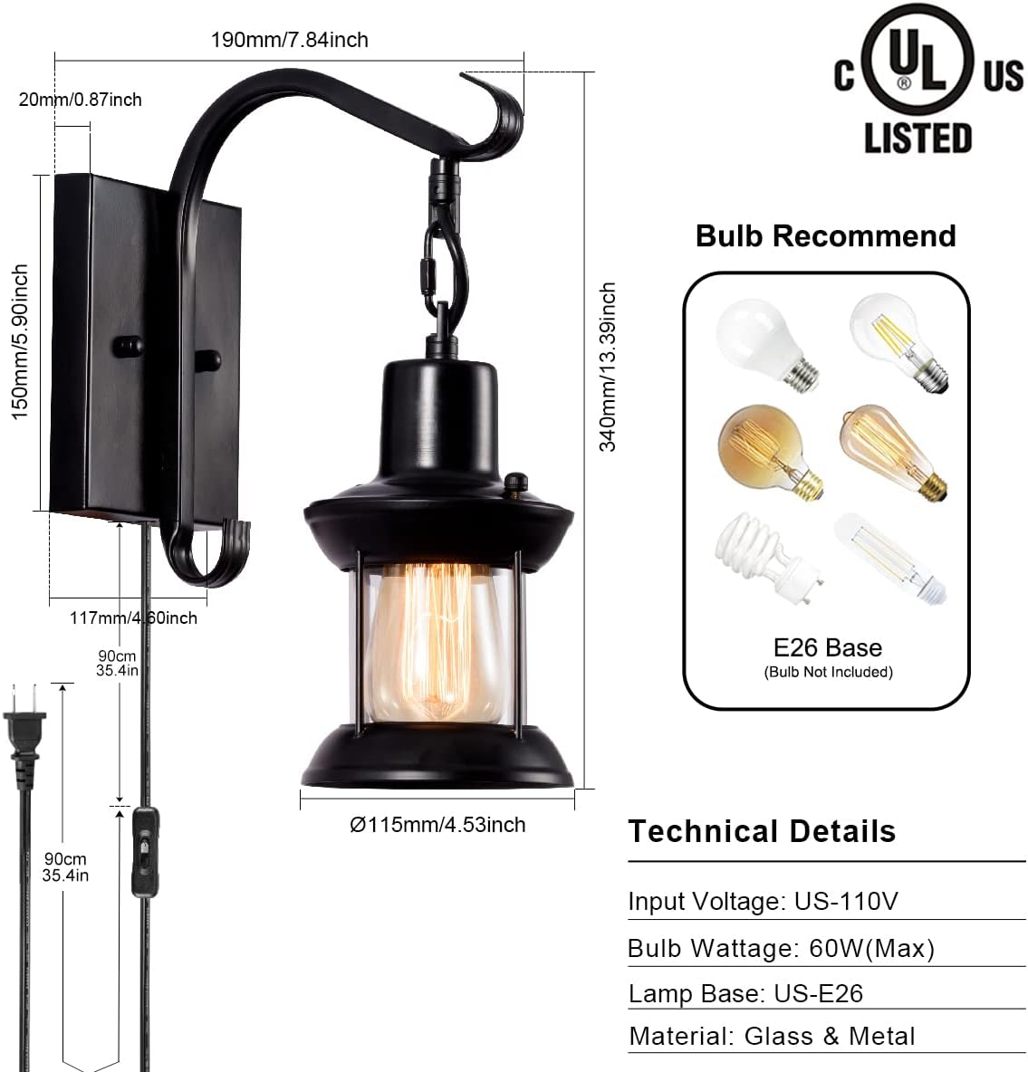 Vintage Wall Light Modern Black, Glass Shade Industrial Wall Sconce Plug in Lighting Fixture with 6.6FT Cord for Indoor Home Décor Headboard Rustic Retro Style (Black)