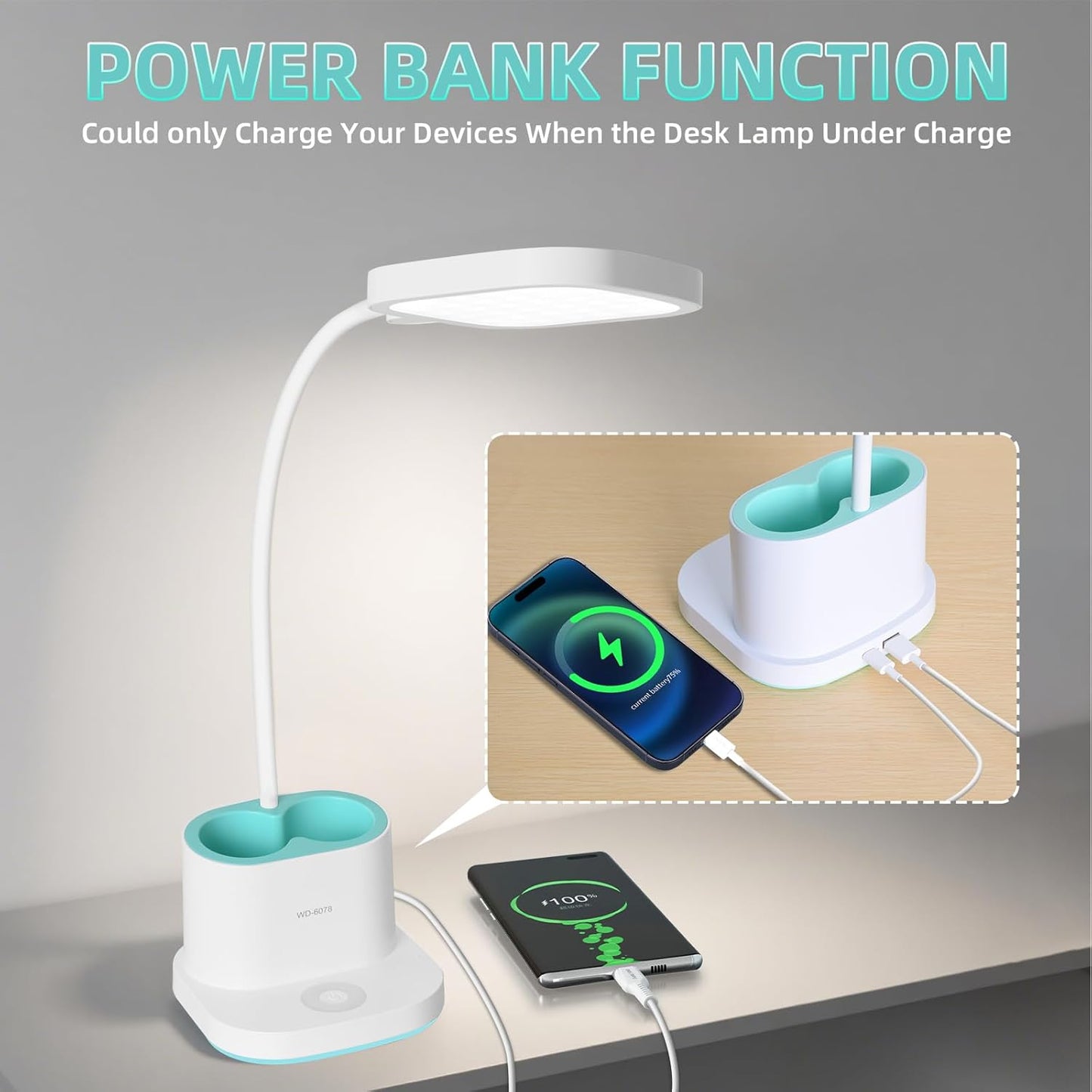 LED Desk Lamp for Home Office Bedroom, 3 Color Modes Dimmable Reading Light with USB Charging Port, Rechargeable Study Lamp for Kids Student with Pen Holder, Table Light 360°Adjustable Arm