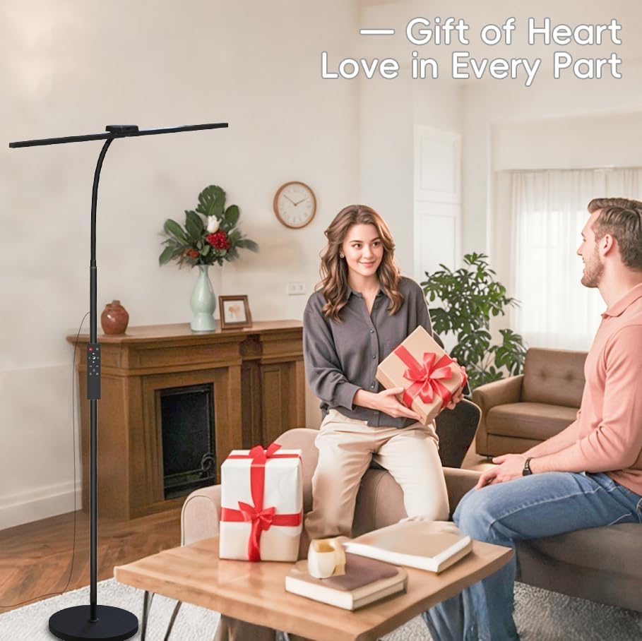 24W/2400LM Dual Head LED Floor Lamp for Office, Ultra Bright Reading Standing Task Lamp, Adjustable Panels with Remote, No Glare Puzzle Light for Tattoo, Piano, Sewing, Lash, Craft