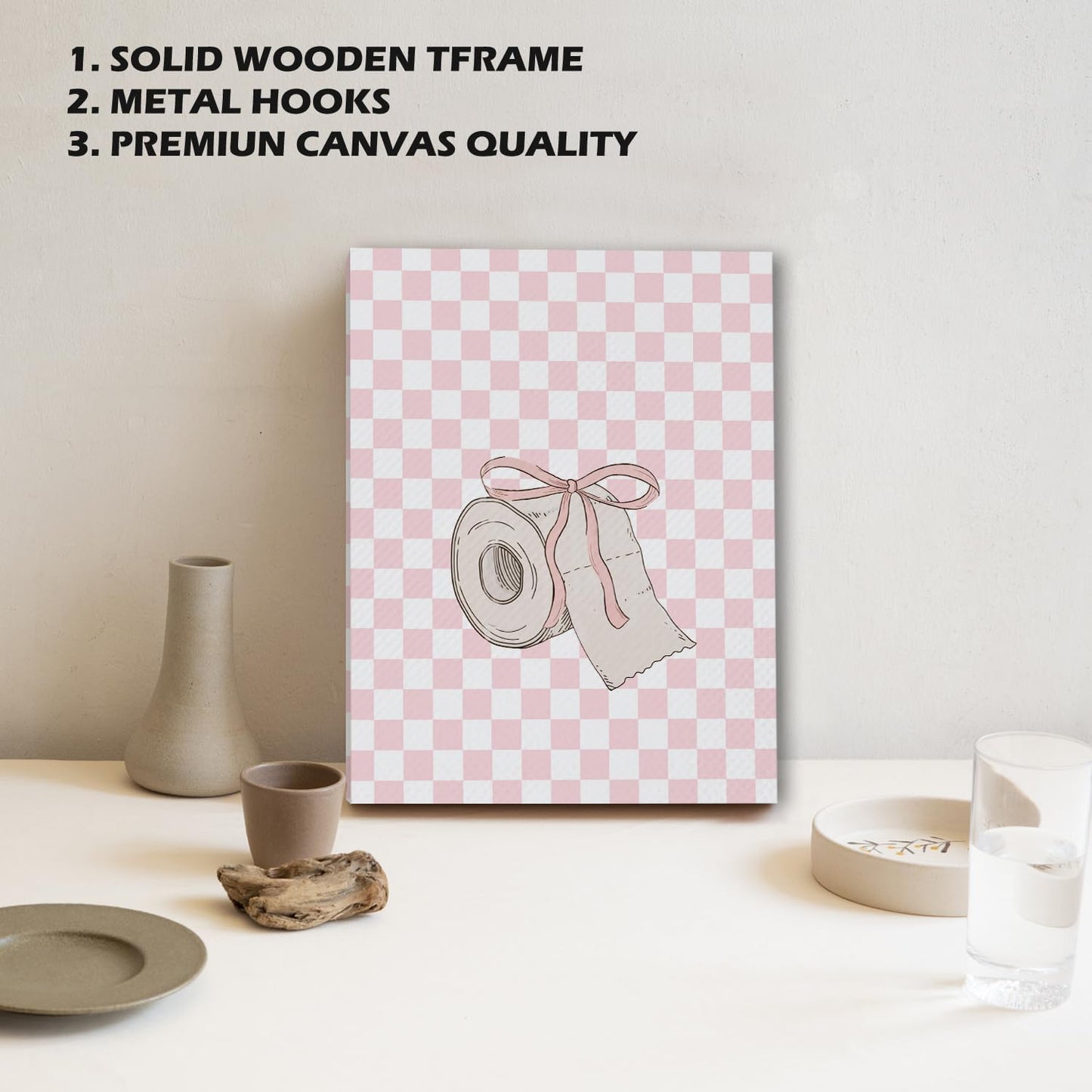 JINYO Coquette Pink Bow Trendy Bathroom Canvas Wall Art Framed Set of 4, Preppy Girly Aesthetic Pink Wall Decor Posters Pictures for Girls Bathroom Washroom Restroom, 8x10inch