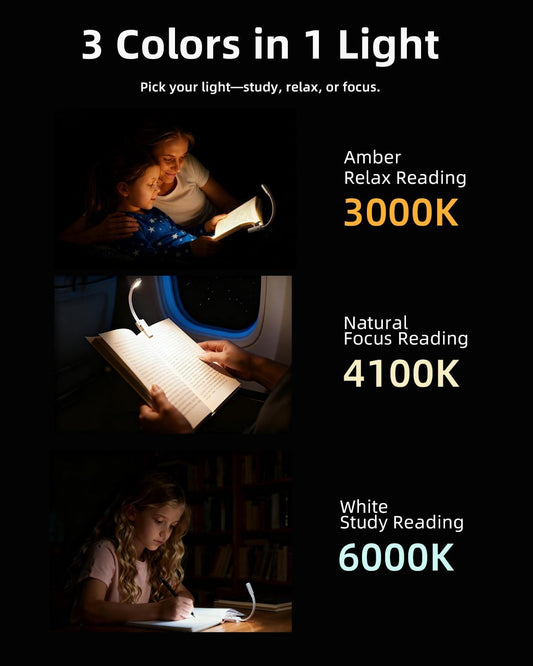 Book Lights for Reading at Night,Reading Lights,AAA Battery Clip-On Led Reading Light with 3 Colors & Stepless Dimming,Portable and Ultra-Lightweight with Long Runtime(Light White)