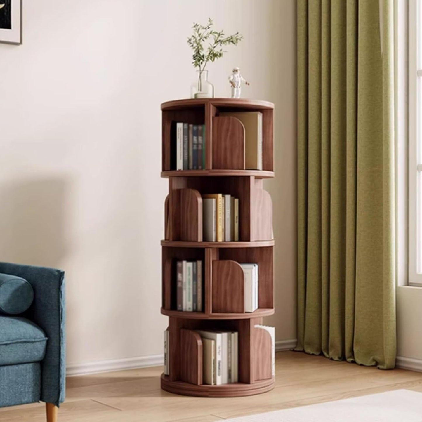 Solid Wood Bookcase 360 °,Solid Wood Rotating Bookshelf 360 Degree Bookcase Children's Home Living Room Movable Simple Floor Rack Picture Book Rack(Walnut,128 * 50cm/50.4 * 19.7in)