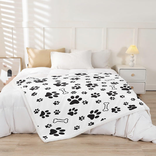 Castle Fairy Dog Paw Print Fleece Throw Blanket Super Soft Cozy Puppy Bone Sherpa Blanket for Kids Women Adults Black White Plush Blanket Dog Footprints Fuzzy Blanket for Sofa Bed Couch(30x40 Inches)
