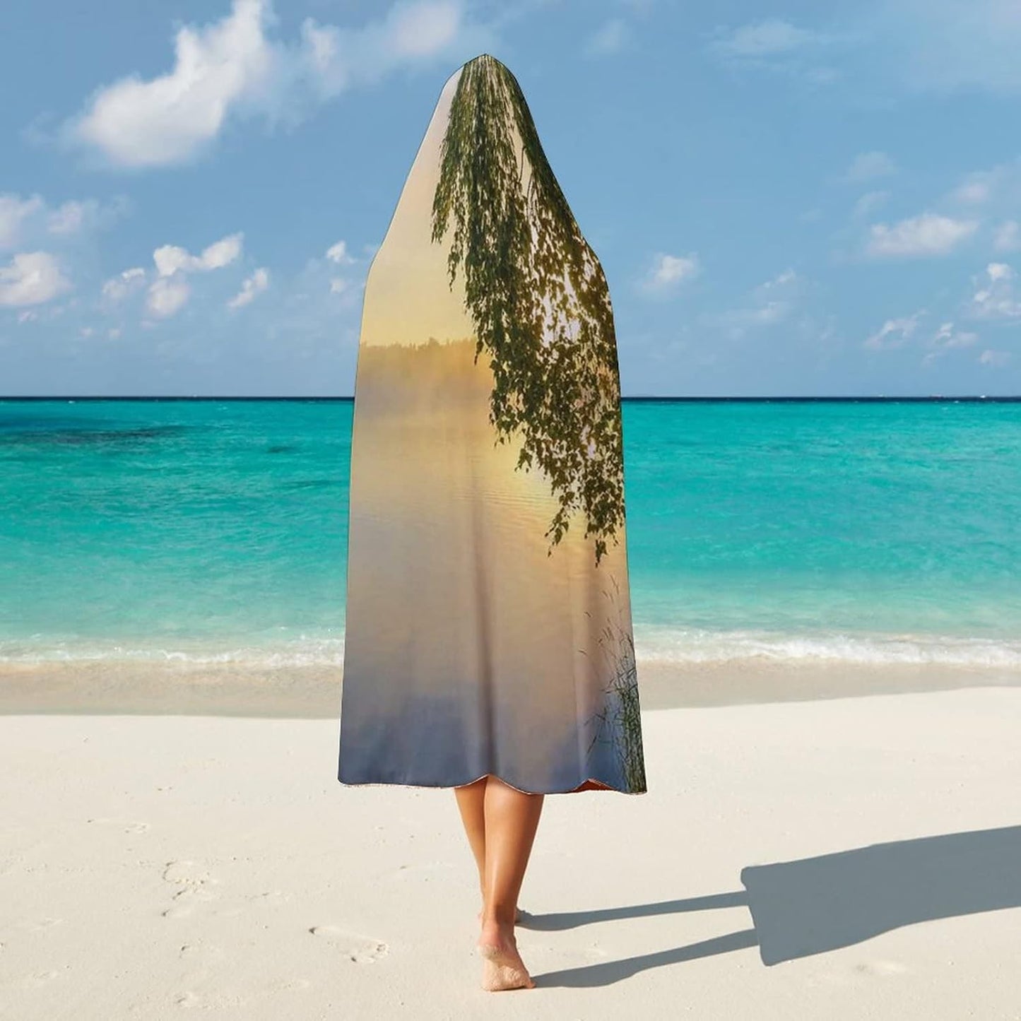 Throw Blankets, Nature Wearable Hooded Blanket for Adults, Sunny Day by Misty Lake with Tree Summer, Soft Warm Cozy, 60 x 80inches, Studying Reading Snuggling Napping Office, Fern Green Light Blue