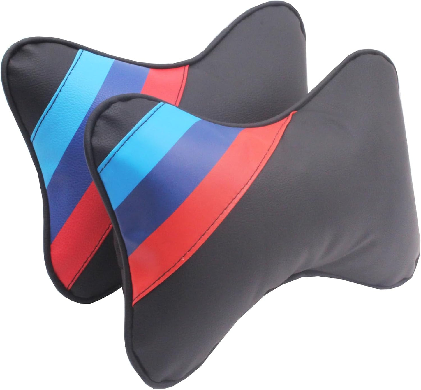 2 Pcs Set BMW M Sport Series Color Stripes - PU Leather Universal Car Head Neck Pillow for Better Neck Support Driving Comfort Pain Relief Travel headrest Pillows