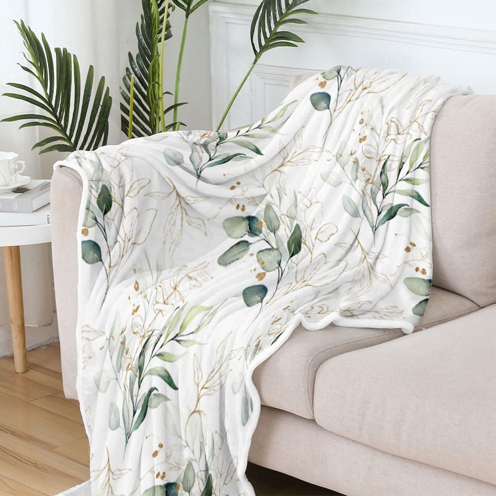Eucalyptus Leaf Blanket, Botanical Plants Throw Blanket, Soft, Flannel, Warm, Watercolor Floral Throw Blankets Green Botanical Floral Aesthetic Bed Blankets for Couch Bedroom Living Room 60X80 Inch