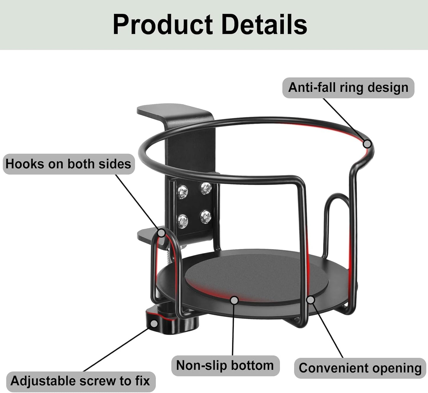 Upgraded Cup Holder, Gaming Desk Accessories Anti-Spill Drink Cup Holder for Table Edge or Chair Armrests, Clip on Desk Side Cups Holders for Home or Outdoor Camping -Black