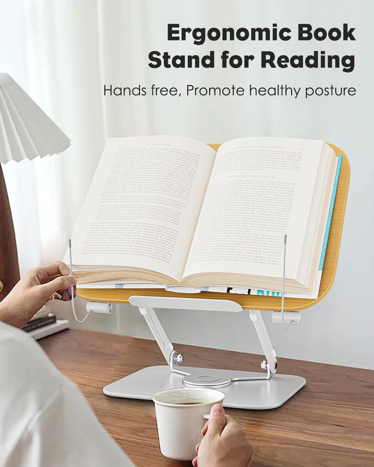 Book Stand for Reading, Aboutool Adjustable Book Holder with 360° Swivel Base & Page Clips, Foldable Cookbook Stand Textbook Stand for Music Scores, Recipe, Tablet, Laptop, Textbook